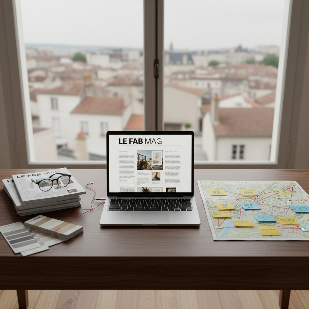 An organized editorial workspace for a local news magazine, featuring a large wooden desk with a sleek laptop showing a layout of “LE FAB MAG” on screen, surrounded by neatly stacked print proofs, color swatches, and a city map covered in small pinned notes, all strictly text and symbols. A large window reveals a softly blurred cityscape of low-rise buildings and rooftops, suggesting a French town. Overcast daylight provides diffused, even lighting with minimal shadows. Photographic realism, captured from a slightly elevated angle using the rule of thirds, with the laptop and magazine proofs in crisp focus. The mood is professional, analytical, and calm, emphasizing serious, citizen-focused journalism and careful editorial work.