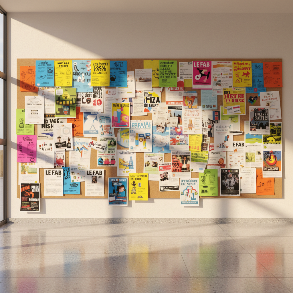 A large cork community notice board mounted on a neutral plaster wall inside a bright, modern town hall lobby, completely covered with colorful flyers, printed notices, event posters, and clippings from “LE FAB MAG,” all text-based without any human figures. Sunlight from tall glass doors washes across the board, creating soft, diagonal highlights and faint paper shadows. A polished stone floor reflects some of the warm light, adding depth. Photographic realism, shot straight-on at eye level with sharp focus across the entire board. The atmosphere is engaged and dynamic yet orderly, capturing the essence of local news, civic participation, and community life in a professional, accessible style.
