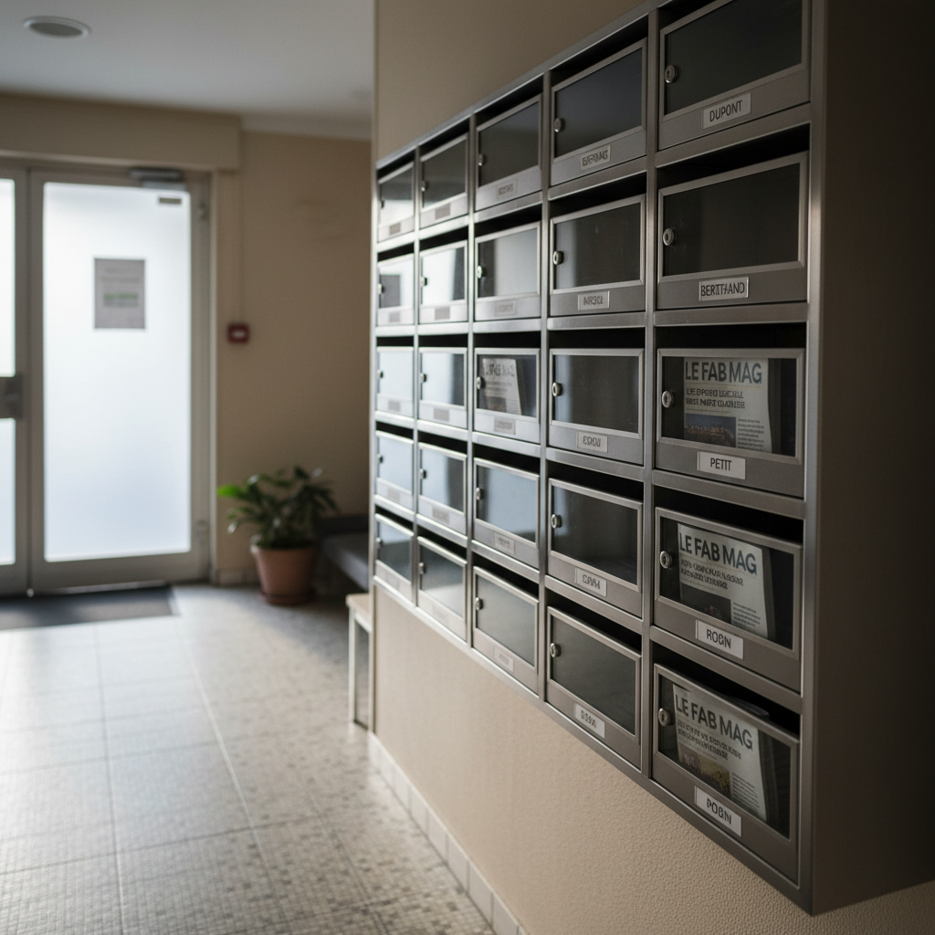 A clean metal rack of mailboxes in the lobby of a small apartment building, each box labeled with printed nameplates and several containing visible rolled or folded issues of “LE FAB MAG,” their mastheads and text columns prominent but without photos of people. The walls are painted a soft neutral tone, with a tiled floor below. Cool, diffused morning light filters in from a nearby frosted glass door, creating subtle reflections on the mailbox doors and soft edge shadows. Photographic realism, shot at a slight angle down the hallway to give depth, with shallow depth of field highlighting the mailboxes in the middle. The atmosphere is quietly intimate and local, evoking neighborhood-scale news reaching citizens directly at home.