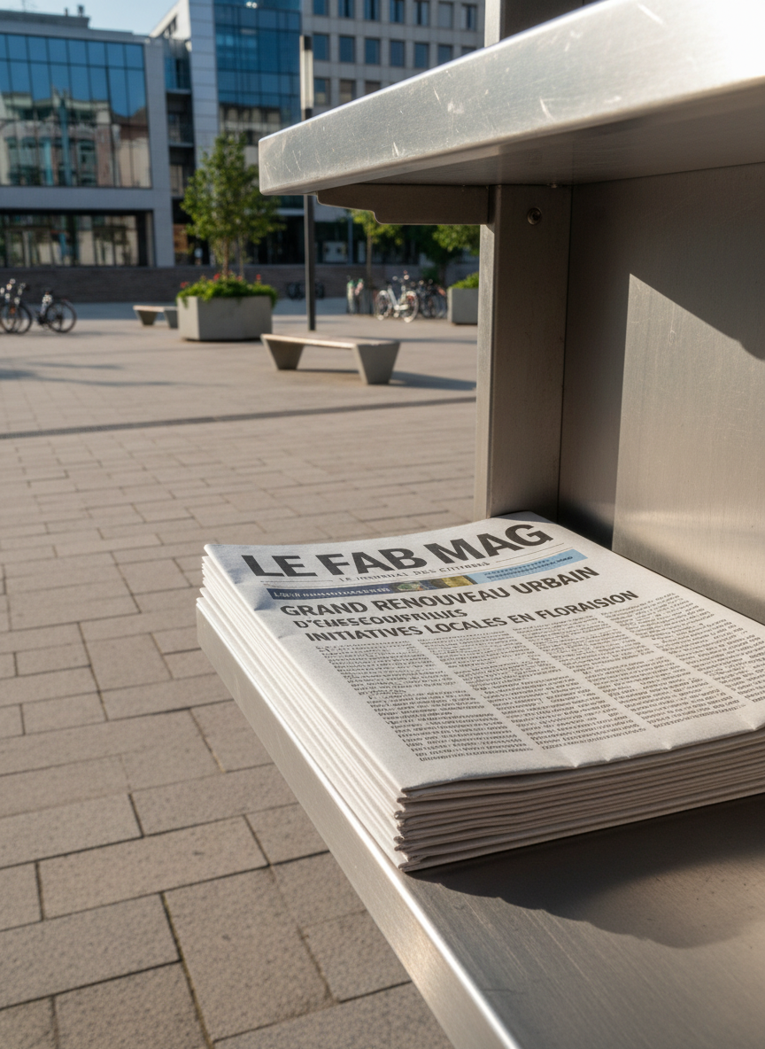 A meticulously folded stack of local newspapers titled “LE FAB MAG” arranged on a brushed metal newsstand shelf, each front page showing clean, bold headlines and neatly organized columns of text without visible people. The newsstand sits on a wide stone plaza in front of modern municipal buildings, with planters, benches, and bicycles softly blurred in the background. Late afternoon natural light creates gentle reflections on the metal surface and crisp shadows at the edges of the papers. Photographic realism, eye-level composition with a slight three-quarter angle, sharp focus on the masthead. The mood is professional, trustworthy, and civic-minded, emphasizing local information created by and for citizens.